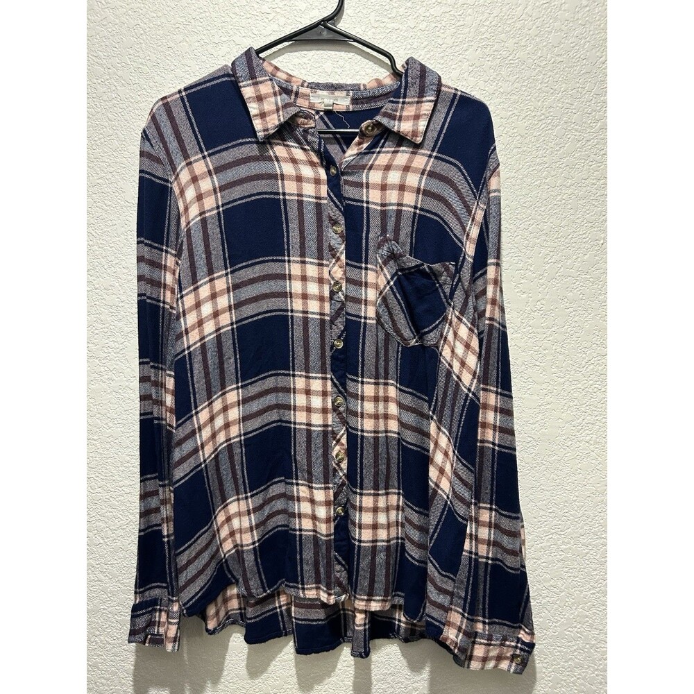 Maurices Shirt Womens XXL Blue Pink Flannel Plaid Button Up Soft Casual Top